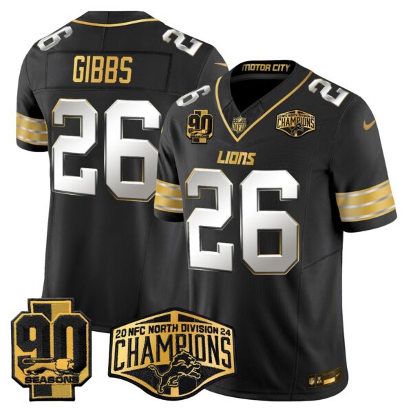 Detroit Lions 2024 NFC North Division Champions Patch Gold Vapor Limited Jersey – All Stitched – Black Limited – Jahmyr Gibbs Jersey