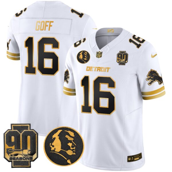 Detroit Lions 2024 90th & John Madden Patch Gold Vapor Limited Jersey V2 – All Stitched – White Gold – Jared Goff Jersey