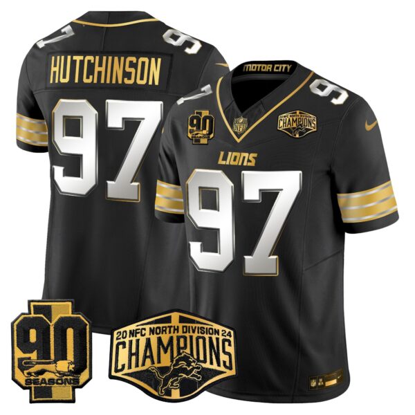 Detroit Lions 2024 NFC North Division Champions Patch Gold Vapor Limited Jersey – All Stitched – Black Limited – Hutchinson Jersey