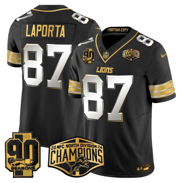 Detroit Lions 2024 NFC North Division Champions Patch Gold Vapor Limited Jersey – All Stitched – Black Limited – Sam Laporta Jersey