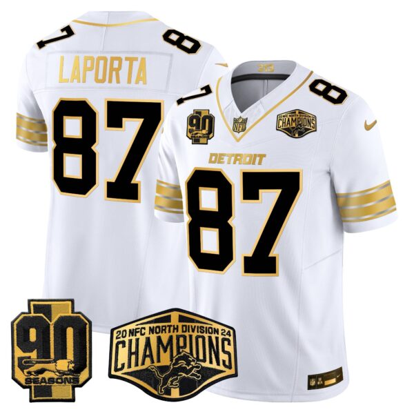 Detroit Lions 2024 NFC North Division Champions Patch Gold Vapor Limited Jersey – All Stitched – White Gold – Sam Laporta Jersey