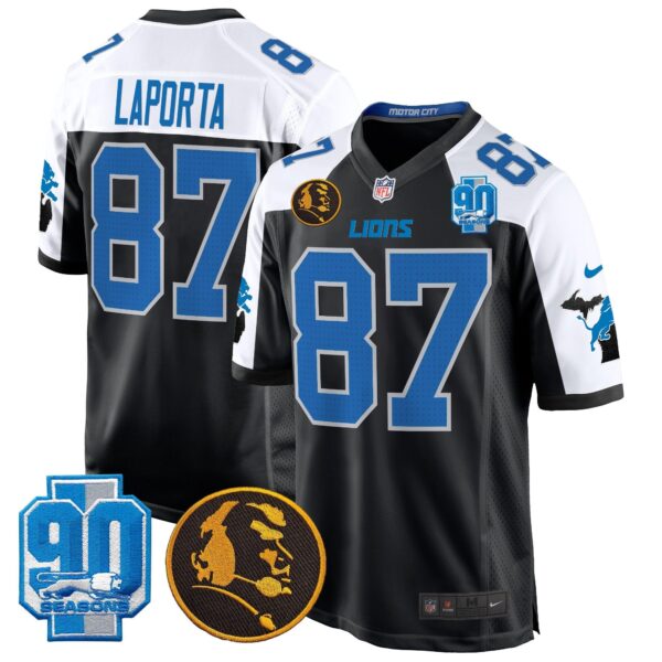 Detroit Lions 2024 90th & John Madden Patch Game Jersey – All Stitched – Alternate – Sam Laporta Jersey