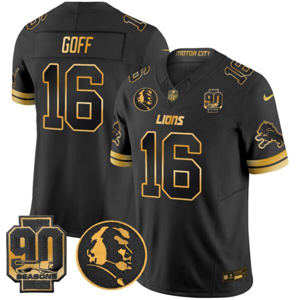 Detroit Lions 2024 90th & John Madden Patch Gold Vapor Limited Jersey V2 – All Stitched – Black Gold – Jared Goff Jersey