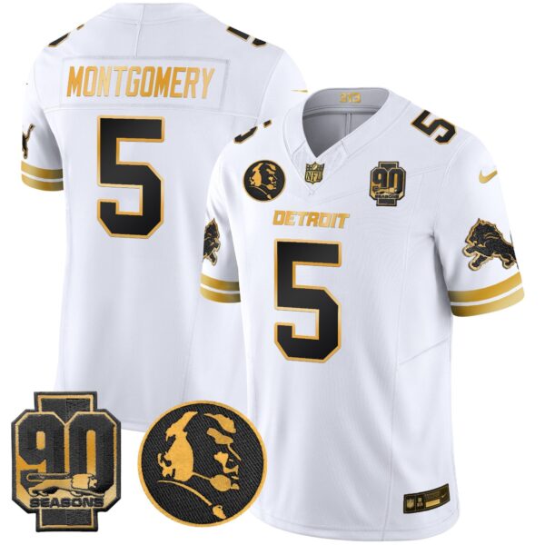 Detroit Lions 2024 90th & John Madden Patch Gold Vapor Limited Jersey V2 – All Stitched – White Gold – David Montgomery Jersey