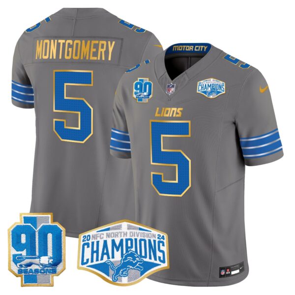 Detroit Lions 2024 NFC North Division Champions Patch Gold Trim Vapor Limited Jersey – All Stitched – Gray – David Montgomery Jersey