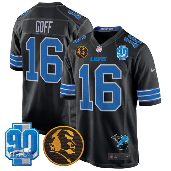 Detroit Lions 2024 90th & John Madden Patch Game Jersey – All Stitched – Black – Jared Goff Jersey