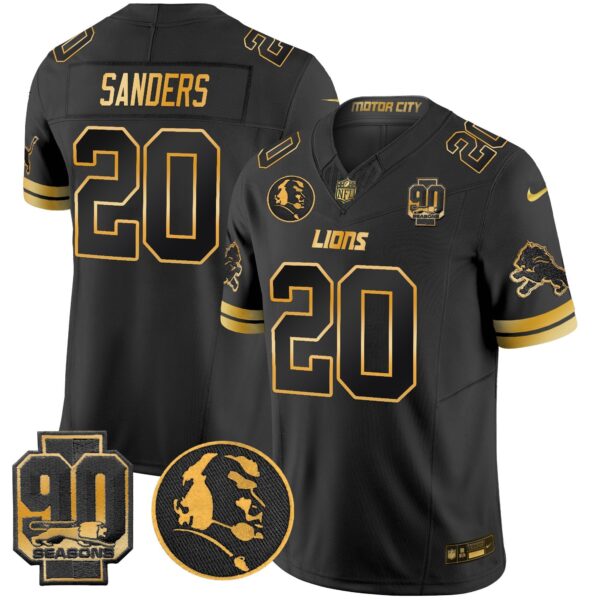 Detroit Lions 2024 90th & John Madden Patch Gold Vapor Limited Jersey V2 – All Stitched – Black Gold – Barry Sanders Jersey