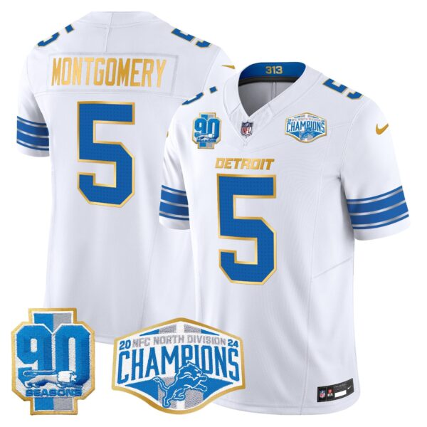 Detroit Lions 2024 NFC North Division Champions Patch Gold Trim Vapor Limited Jersey – All Stitched – White – David Montgomery Jersey