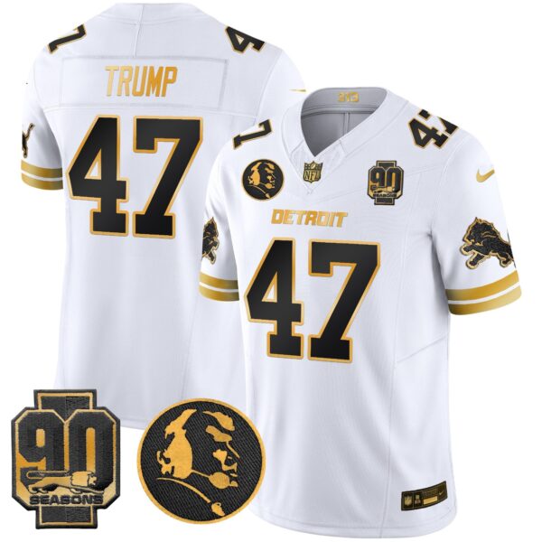 Detroit Lions 2024 90th & John Madden Patch Gold Vapor Limited Jersey V2 – All Stitched – White Gold – Donald Trump Jersey