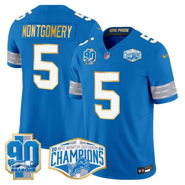 Detroit Lions 2024 NFC North Division Champions Patch Gold Trim Vapor Limited Jersey – All Stitched – Blue – David Montgomery Jersey