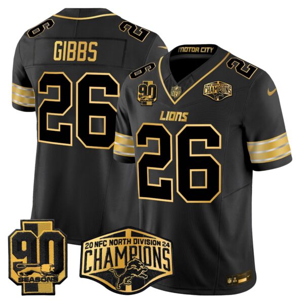 Detroit Lions 2024 NFC North Division Champions Patch Gold Vapor Limited Jersey – All Stitched – Black Gold – Jahmyr Gibbs Jersey