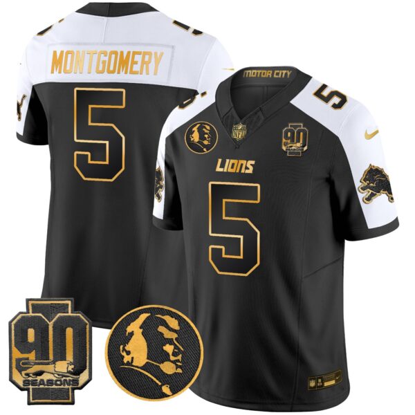 Detroit Lions 2024 90th & John Madden Patch Gold Vapor Limited Jersey V2 – All Stitched – Alternate – David Montgomery Jersey