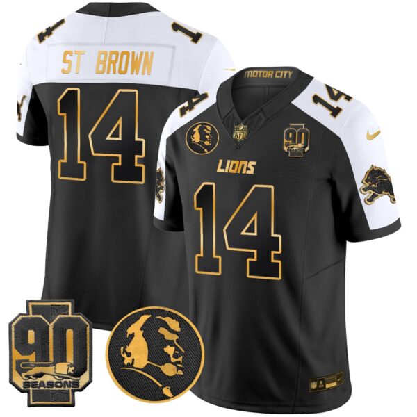 Detroit Lions 2024 90th & John Madden Patch Gold Vapor Limited Jersey V2 – All Stitched – Alternate – St. Brown Jersey