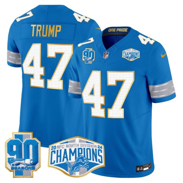 Detroit Lions 2024 NFC North Division Champions Patch Gold Trim Vapor Limited Jersey – All Stitched – Blue – Donald Trump Jersey