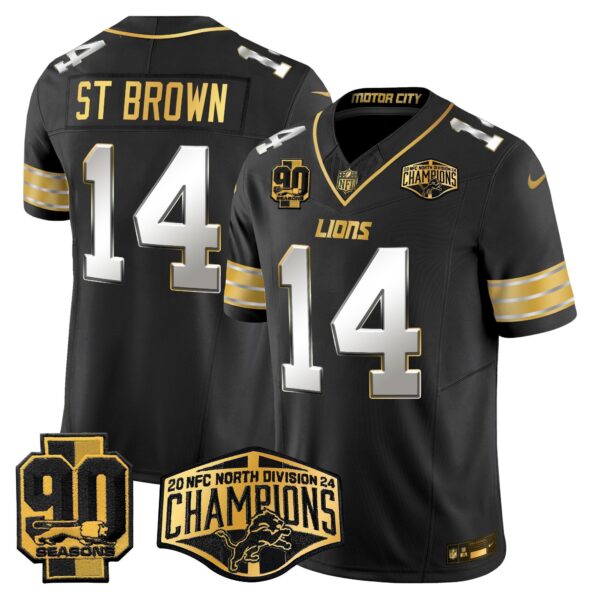 Detroit Lions 2024 NFC North Division Champions Patch Gold Vapor Limited Jersey – All Stitched – Black Limited – St. Brown Jersey