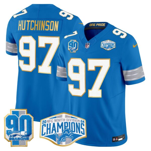 Detroit Lions 2024 NFC North Division Champions Patch Gold Trim Vapor Limited Jersey – All Stitched – Blue – Hutchinson Jersey
