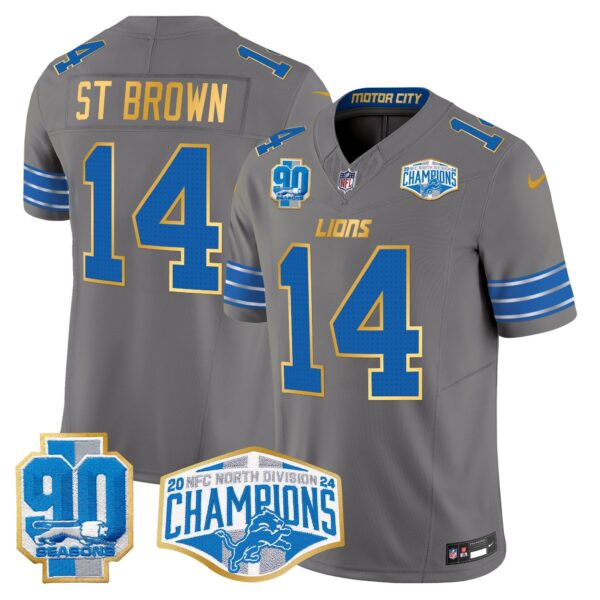 Detroit Lions 2024 NFC North Division Champions Patch Gold Trim Vapor Limited Jersey – All Stitched – Gray – St. Brown Jersey