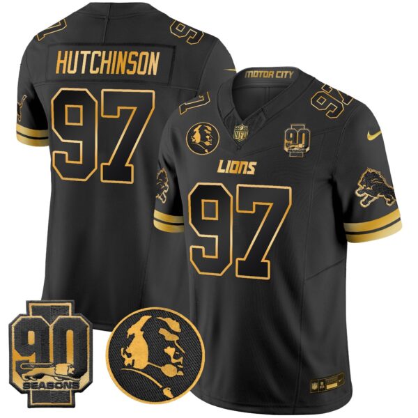 Detroit Lions 2024 90th & John Madden Patch Gold Vapor Limited Jersey V2 – All Stitched – Black Gold – Hutchinson Jersey