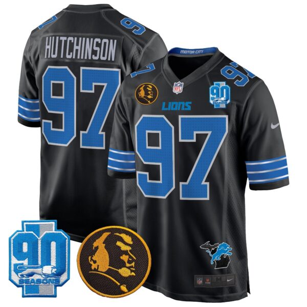 Detroit Lions 2024 90th & John Madden Patch Game Jersey – All Stitched – Black – Hutchinson Jersey
