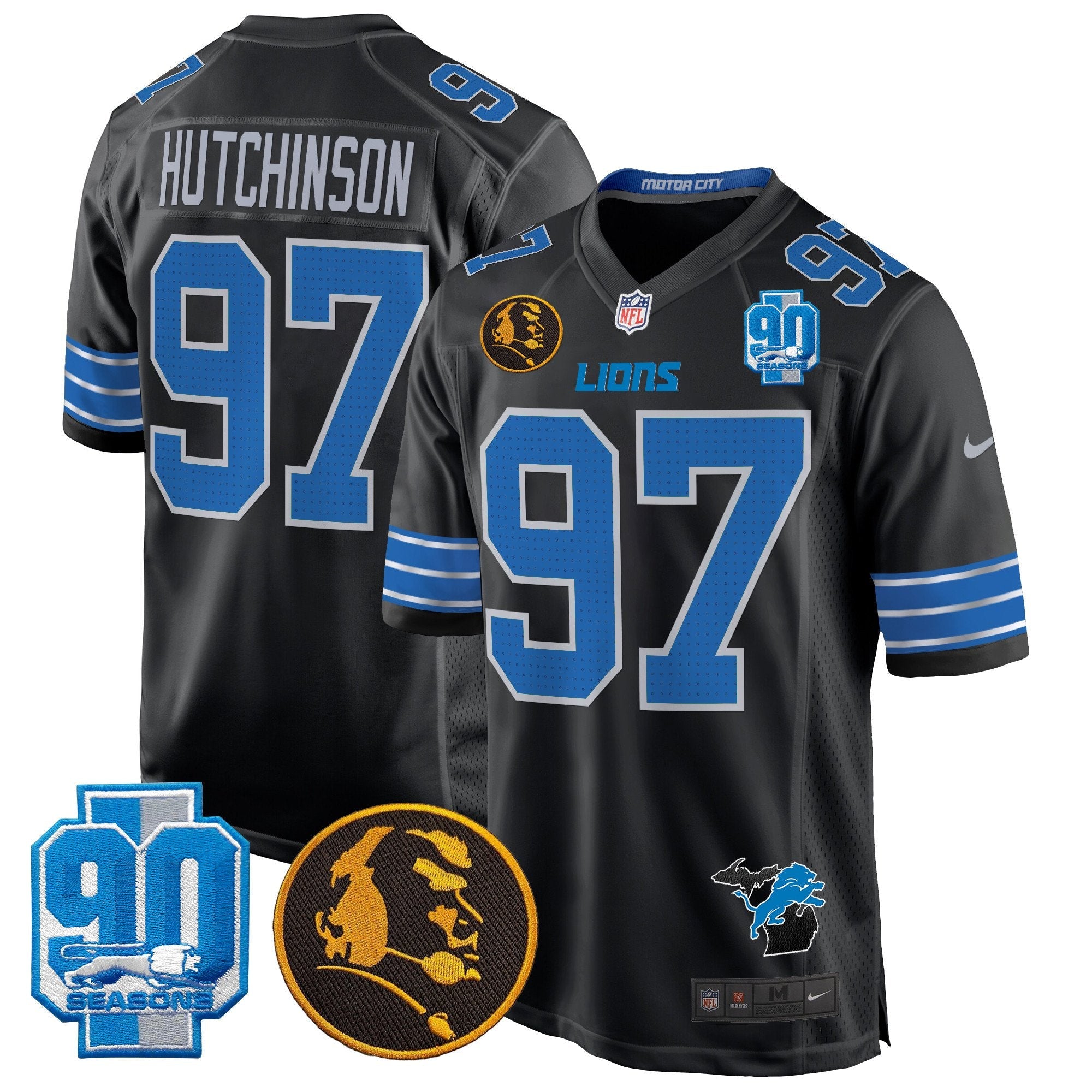 Detroit Lions 2024 90th & John Madden Patch Game Jersey – All Stitched – Black – Hutchinson Jersey