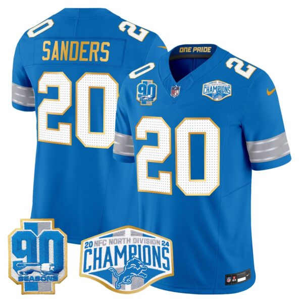 Detroit Lions 2024 NFC North Division Champions Patch Gold Trim Vapor Limited Jersey – All Stitched – Blue – Barry Sanders Jersey