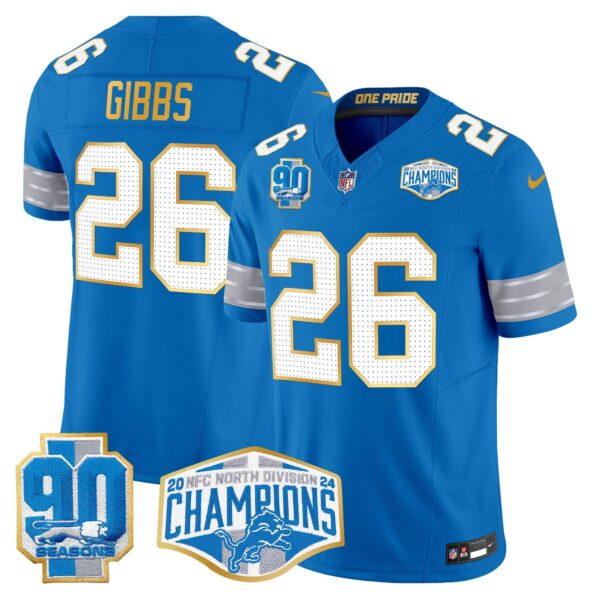 Detroit Lions 2024 NFC North Division Champions Patch Gold Trim Vapor Limited Jersey – All Stitched – Blue – Jahmyr Gibbs Jersey
