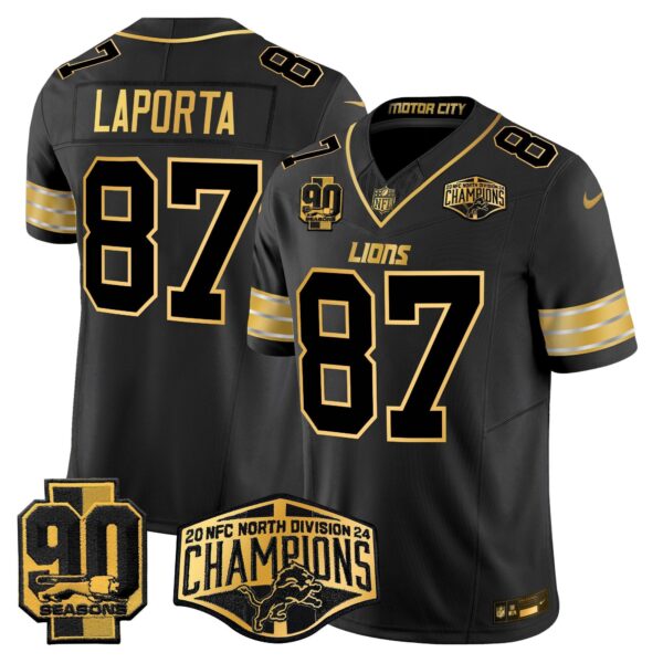 Detroit Lions 2024 NFC North Division Champions Patch Gold Vapor Limited Jersey – All Stitched – Black Gold – Sam Laporta Jersey