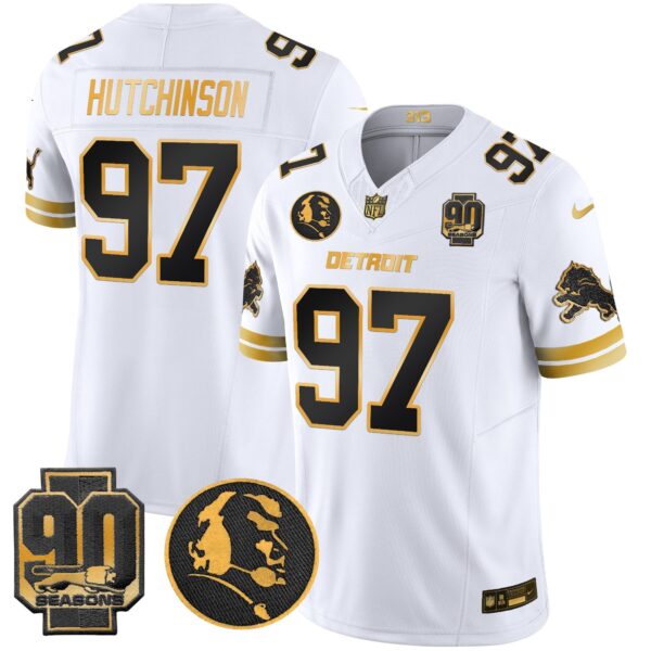 Detroit Lions 2024 90th & John Madden Patch Gold Vapor Limited Jersey V2 – All Stitched – White Gold – Hutchinson Jersey