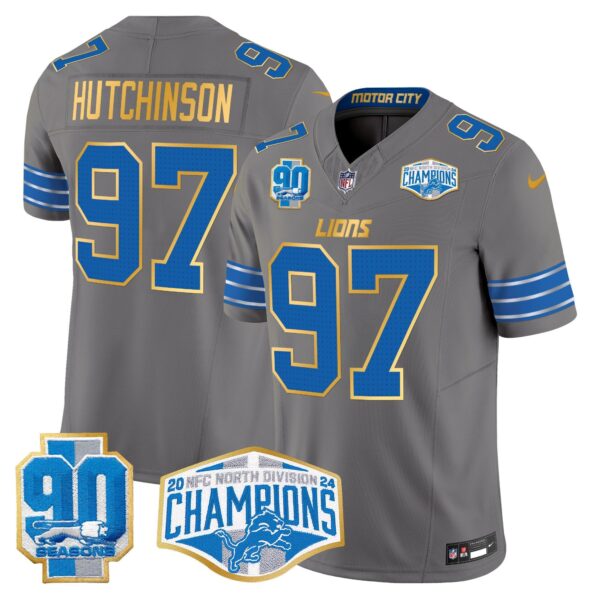 Detroit Lions 2024 NFC North Division Champions Patch Gold Trim Vapor Limited Jersey – All Stitched – Gray – Hutchinson Jersey