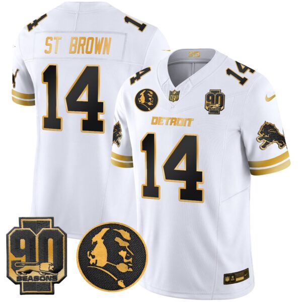Detroit Lions 2024 90th & John Madden Patch Gold Vapor Limited Jersey V2 – All Stitched – White Gold – St. Brown Jersey