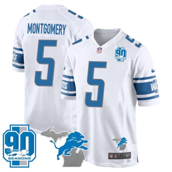 Detroit Lions 90th Year & Michigan Patch Game Jersey – All Stitched – White – David Montgomery Jersey