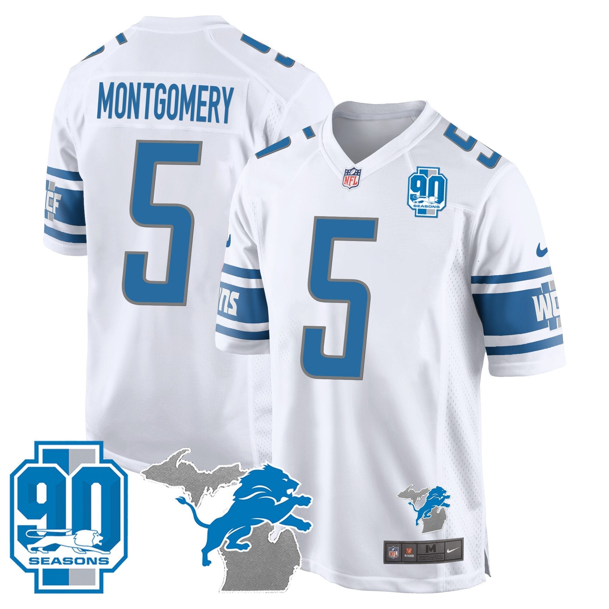 Detroit Lions 90th Year & Michigan Patch Game Jersey – All Stitched – White – David Montgomery Jersey