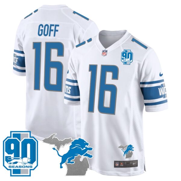 Detroit Lions 90th Year & Michigan Patch Game Jersey – All Stitched – White – Jared Goff Jersey