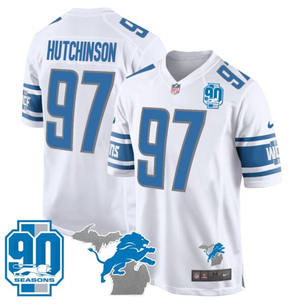 Detroit Lions 90th Year & Michigan Patch Game Jersey – All Stitched – White – Hutchinson Jersey