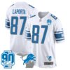 Detroit Lions 90th Year & Michigan Patch Game Jersey – All Stitched – White – Sam Laporta Jersey