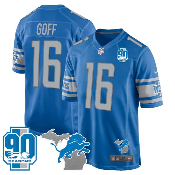 Detroit Lions 90th Year & Michigan Patch Game Jersey – All Stitched – Blue – Jared Goff Jersey
