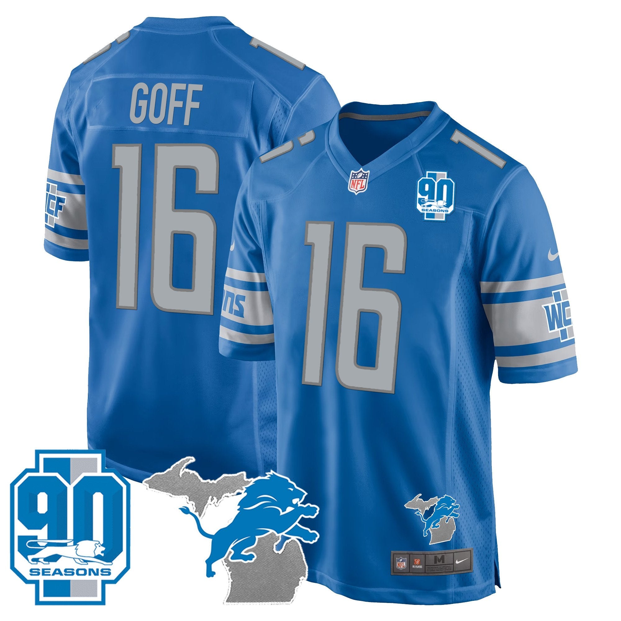 Detroit Lions 90th Year & Michigan Patch Game Jersey – All Stitched – Blue – Jared Goff Jersey