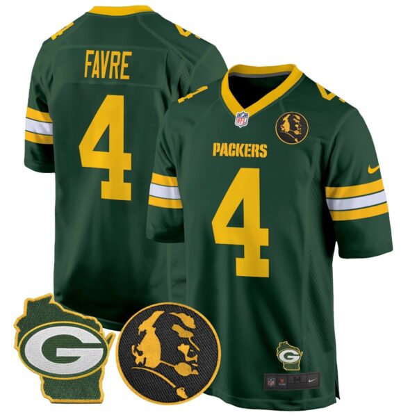 Packers John Madden & Home Patch Game Jersey – All Stitched – Green – Brett Favre Jersey