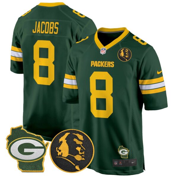 Packers John Madden & Home Patch Game Jersey – All Stitched – Green – Josh Jacobs Jersey