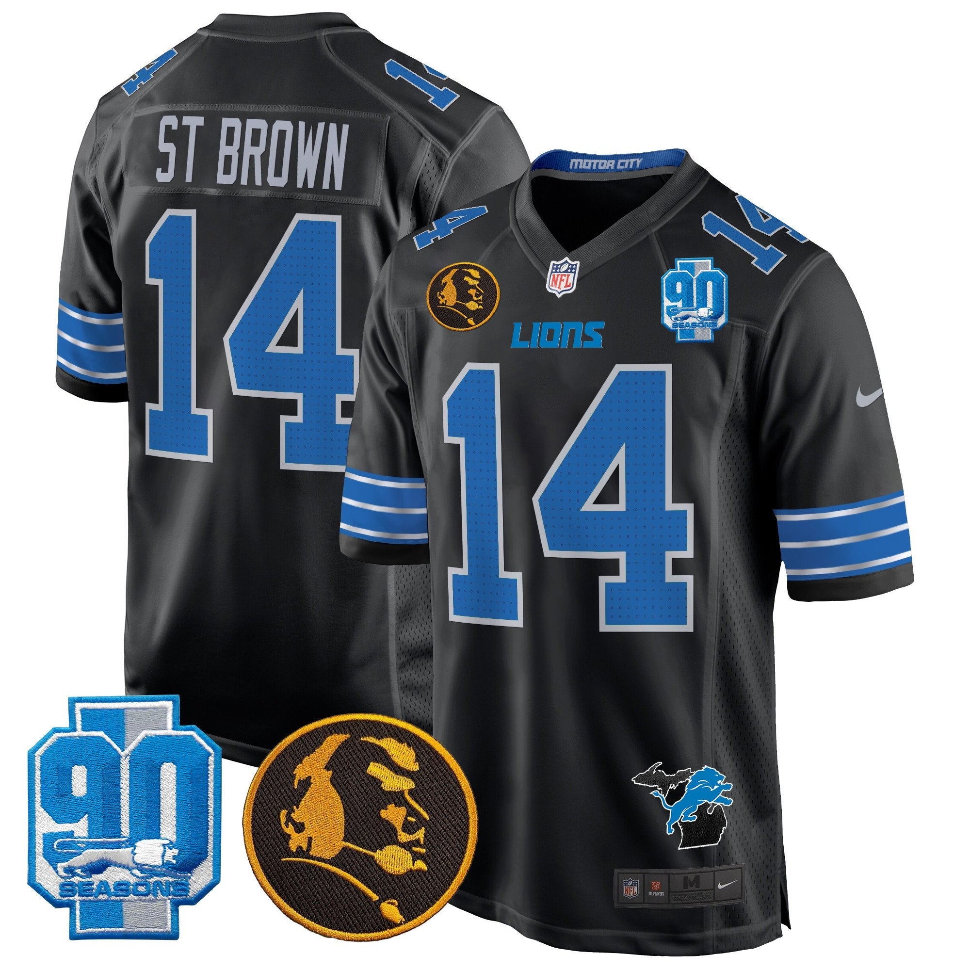 Detroit Lions 2024 90th & John Madden Patch Game Jersey – All Stitched – Black – St.Brown Jersey