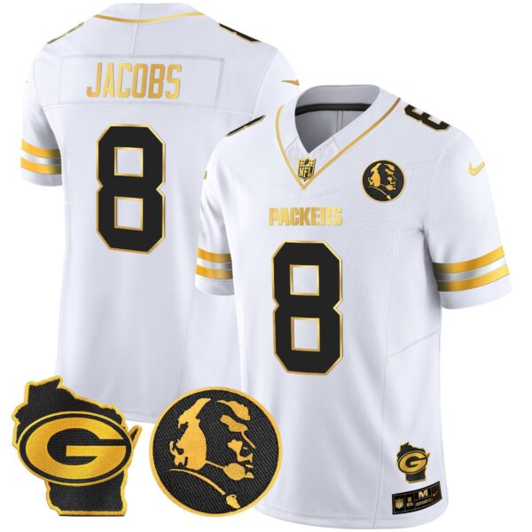 Packers John Madden & Home Patch Gold Vapor Limited Jersey – All Stitched – White Gold – Josh Jacobs Jersey