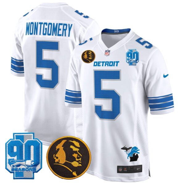 Detroit Lions 2024 90th & John Madden Patch Game Jersey – All Stitched – White – David Montgomery Jersey