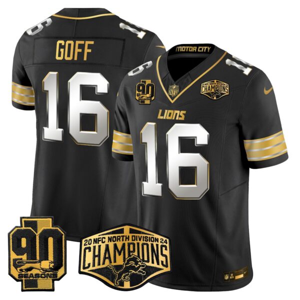 Detroit Lions 2024 NFC North Division Champions Patch Gold Vapor Limited Jersey – All Stitched – Black Limited – Jared Goff Jersey