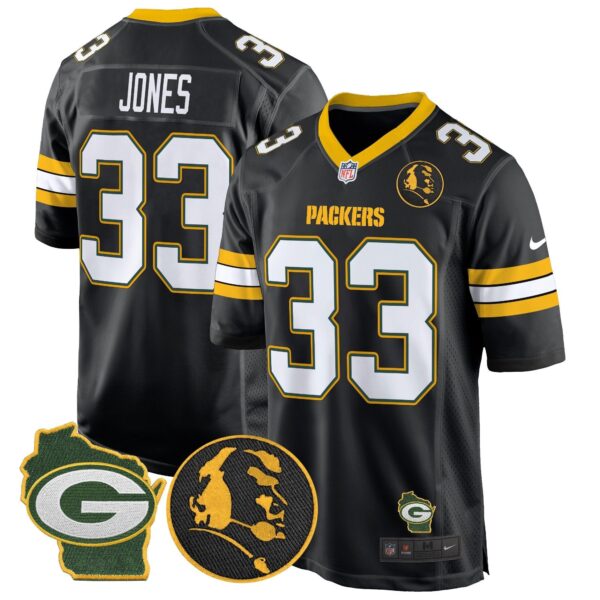 Packers John Madden & Home Patch Game Jersey – All Stitched – Black – Aaron Jones Jersey