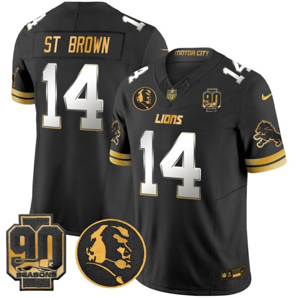 Detroit Lions 2024 90th & John Madden Patch Gold Vapor Limited Jersey V2 – All Stitched – Black Limited – St. Brown Jersey