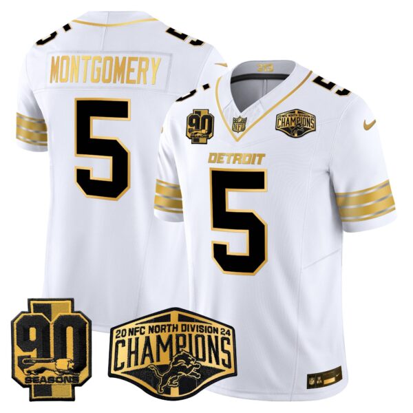 Detroit Lions 2024 NFC North Division Champions Patch Gold Vapor Limited Jersey – All Stitched – White Gold – David Montgomery Jersey