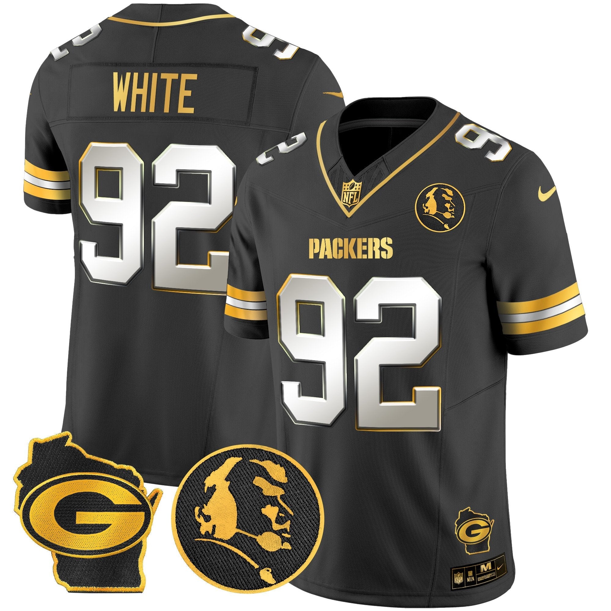 Packers John Madden & Home Patch Gold Vapor Limited Jersey – All Stitched – Black Limited – Reggie White Jersey