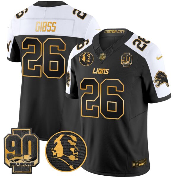 Detroit Lions 2024 90th & John Madden Patch Gold Vapor Limited Jersey V2 – All Stitched – Alternate – Jahmyr Gibbs Jersey