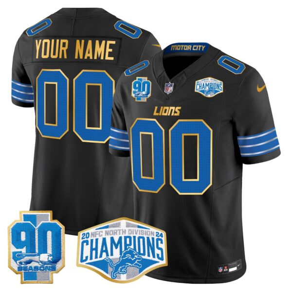 Detroit Lions 2024 NFC North Division Champions Patch Gold Trim Vapor Limited Custom Jersey – All Stitched – Black Jersey