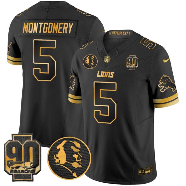 Detroit Lions 2024 90th & John Madden Patch Gold Vapor Limited Jersey V2 – All Stitched – Black Gold – David Montgomery Jersey